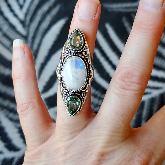 New Rainbow Moonstone & Green Amethyst 925 Silver Statement Ring. - Picture 14 of 15